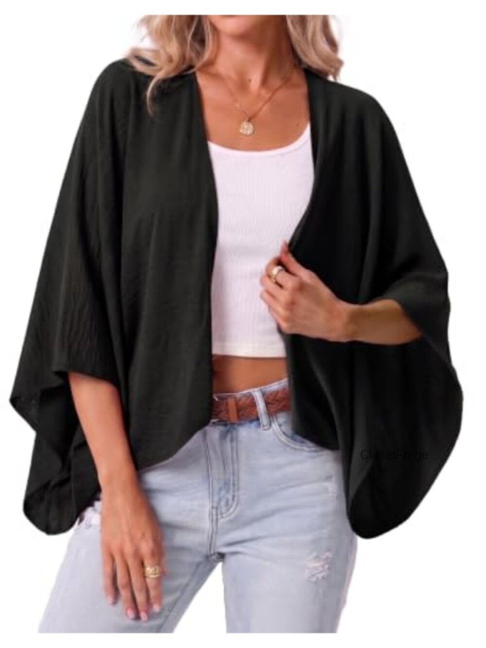 Lightweight Cropped Cardigan, Kimono Sleeves, Open Front, Breathable, Summer